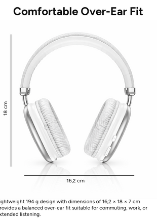 Wireless Over-Ear Bluetooth Headphones ANC, 800mAh, 90h Music/Call Time, Touch Control, TF/AUX/FM, Type-C, IPX4- White