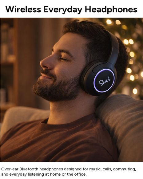 Spid Wireless Bluetooth 5.3 Over-Ear Headphones with AUX Cable, USB-C Charging, 40H Playtime, RGB Light Ring, 10 m Range, Black