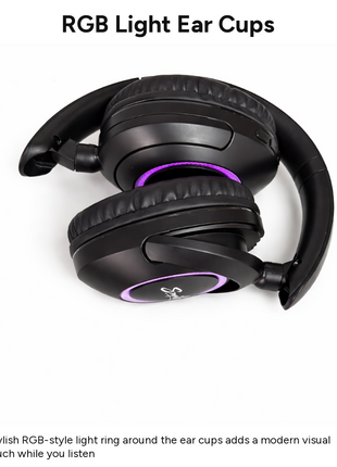 Spid Wireless Bluetooth 5.3 Over-Ear Headphones with AUX Cable, USB-C Charging, 40H Playtime, RGB Light Ring, 10 m Range, Black