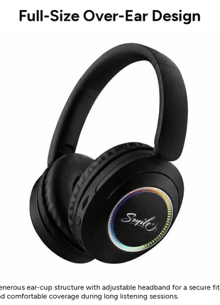 Spid Wireless Bluetooth 5.3 Over-Ear Headphones with AUX Cable, USB-C Charging, 40H Playtime, RGB Light Ring, 10 m Range, Black