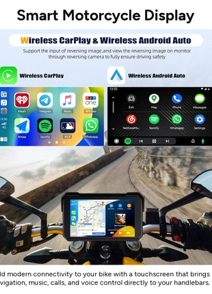 Motorcycle Wireless CarPlay & Android Auto Touchscreen Display, IP68 Waterproof, Bluetooth Hands-Free, TF Card Slot, Handlebar Mount
