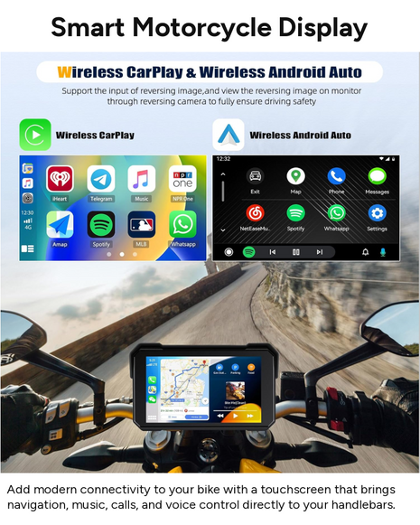 Motorcycle Wireless CarPlay & Android Auto Touchscreen Display, IP68 Waterproof, Bluetooth Hands-Free, TF Card Slot, Handlebar Mount