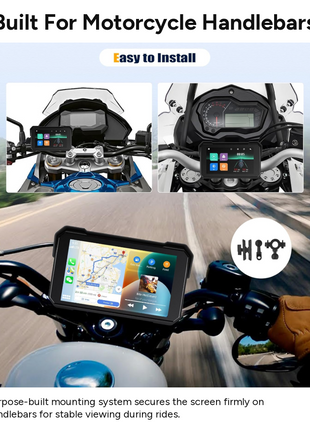 Motorcycle Wireless CarPlay & Android Auto Touchscreen Display, IP68 Waterproof, Bluetooth Hands-Free, TF Card Slot, Handlebar Mount
