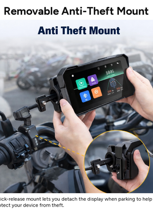 Motorcycle Wireless CarPlay & Android Auto Touchscreen Display, IP68 Waterproof, Bluetooth Hands-Free, TF Card Slot, Handlebar Mount