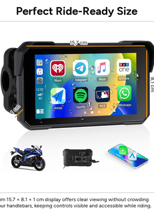 Motorcycle Wireless CarPlay & Android Auto Touchscreen Display, IP68 Waterproof, Bluetooth Hands-Free, TF Card Slot, Handlebar Mount