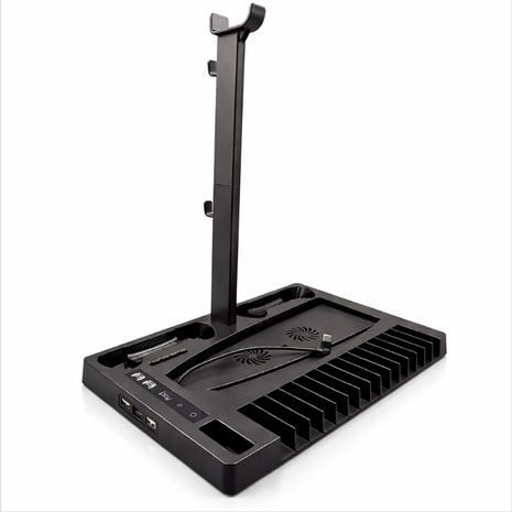 Cooling Stand with Dual Controller Charging Dock, Game Disc Storage for 15 Discs, Headset Holder, USB-A & USB-C Ports