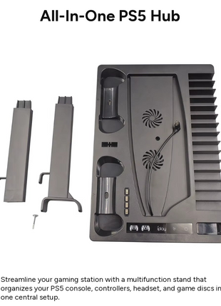 Cooling Stand with Dual Controller Charging Dock, Game Disc Storage for 15 Discs, Headset Holder, USB-A & USB-C Ports