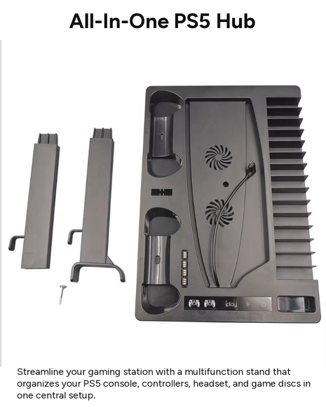Cooling Stand with Dual Controller Charging Dock, Game Disc Storage for 15 Discs, Headset Holder, USB-A & USB-C Ports