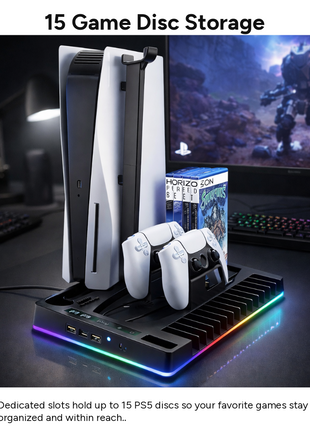 Cooling Stand with Dual Controller Charging Dock, Game Disc Storage for 15 Discs, Headset Holder, USB-A & USB-C Ports