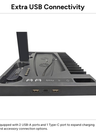 Cooling Stand with Dual Controller Charging Dock, Game Disc Storage for 15 Discs, Headset Holder, USB-A & USB-C Ports