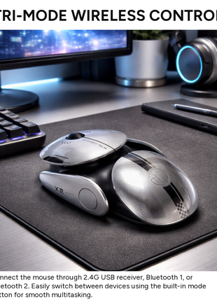 Tri-Mode Wireless Bluetooth Mouse USB-C Rechargeable Silent Click 2.4G + BT1 + BT2 Ergonomic ABS Grey Computer Mouse