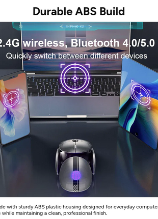 Tri-Mode Wireless Bluetooth Mouse USB-C Rechargeable Silent Click 2.4G + BT1 + BT2 Ergonomic ABS Grey Computer Mouse