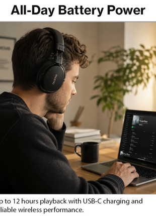 Wireless Bluetooth Over-Ear Headphones Foldable Stereo Headset with Deep Bass, AUX Input, USB-C Charging