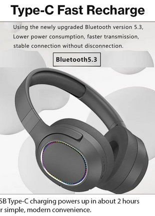 Wireless Foldable Noise Reduction Headphones with 40mm Speakers, Type-C Charging, 10m Black