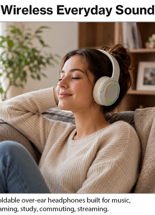 Wireless Foldable Noise Reduction Headphones with 40mm Speakers, Type-C Charging, 10m Beige