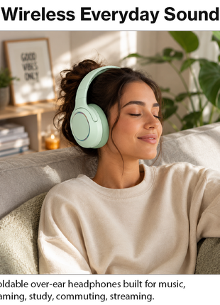 Wireless Foldable Noise Reduction Headphones with 40mm Speakers, Type-C Charging, 10m Range,Green