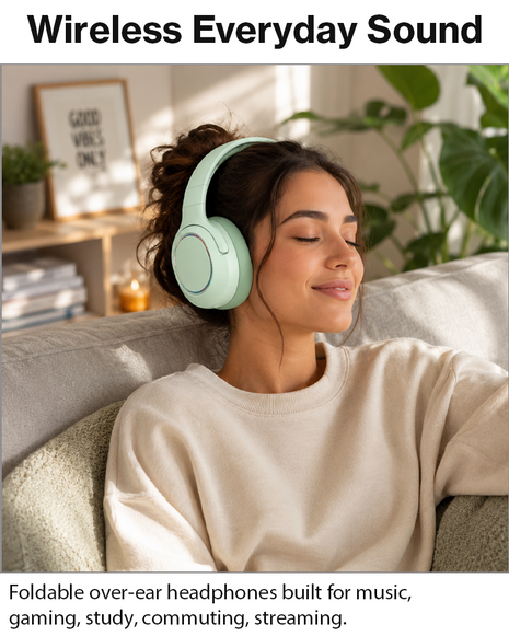 Wireless Foldable Noise Reduction Headphones with 40mm Speakers, Type-C Charging, 10m Range,Green