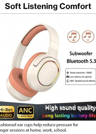 Wireless Foldable Noise Reduction Headphones with 40mm Speakers, Type-C Charging, 10m PinkOrange