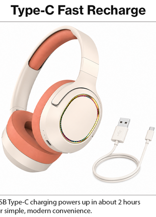 Wireless Foldable Noise Reduction Headphones with 40mm Speakers, Type-C Charging, 10m PinkOrange
