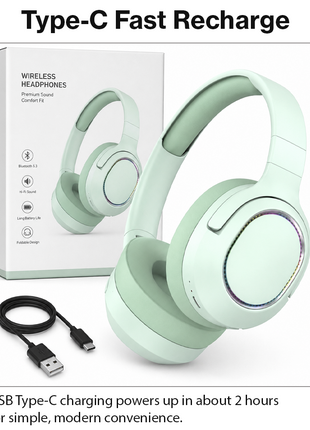 Wireless Foldable Noise Reduction Headphones with 40mm Speakers, Type-C Charging, 10m Range,Green