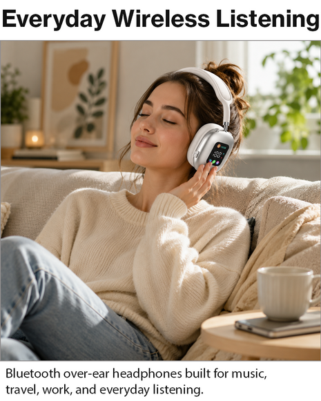 Wireless Bluetooth Over-Ear Headphones  Bluetooth 5.4 Low Latency 10m Range White