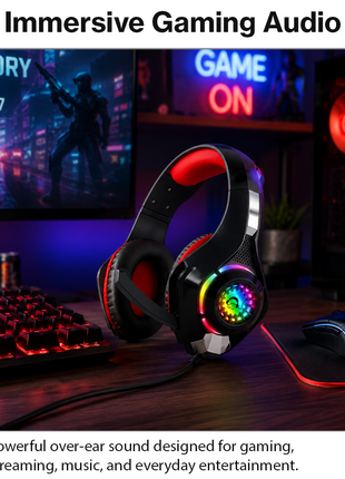 RGB Lighting Effect Over-Ear Gaming Headset with Noise Cancelling Microphone and Bluetooth Connectivity Red