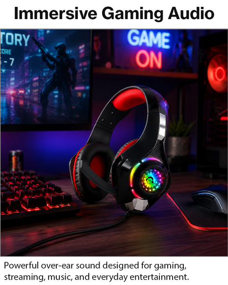 RGB Lighting Effect Over-Ear Gaming Headset with Noise Cancelling Microphone and Bluetooth Connectivity Red
