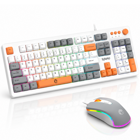 Wired Gaming Keyboard Mouse Combo with Mousepad, RGB Backlit, Volume Knob, Multimedia Keys, USB for Windows/Mac white