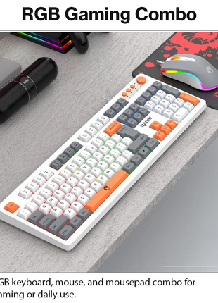 Wired Gaming Keyboard Mouse Combo with Mousepad, RGB Backlit, Volume Knob, Multimedia Keys, USB for Windows/Mac white