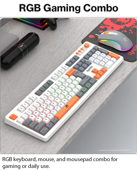 Wired Gaming Keyboard Mouse Combo with Mousepad, RGB Backlit, Volume Knob, Multimedia Keys, USB for Windows/Mac white