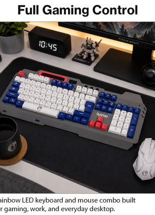 Rainbow LED Gaming Keyboard and Mouse Combo with Aluminum Metal Frame, Suspension Keycaps and Magnetic Wrist Support