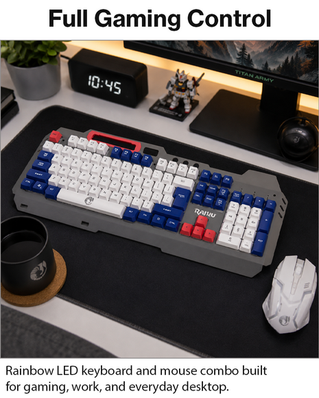 Rainbow LED Gaming Keyboard and Mouse Combo with Aluminum Metal Frame, Suspension Keycaps and Magnetic Wrist Support