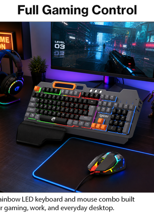 Rainbow LED Gaming Keyboard and Mouse Combo with Aluminum Metal Frame, Suspension Keycaps and Magnetic Wrist Support
