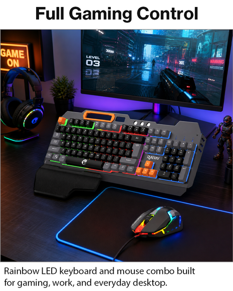 Rainbow LED Gaming Keyboard and Mouse Combo with Aluminum Metal Frame, Suspension Keycaps and Magnetic Wrist Support