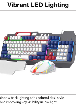 Rainbow LED Gaming Keyboard and Mouse Combo with Aluminum Metal Frame, Suspension Keycaps and Magnetic Wrist Support