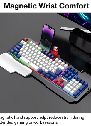 Rainbow LED Gaming Keyboard and Mouse Combo with Aluminum Metal Frame, Suspension Keycaps and Magnetic Wrist Support