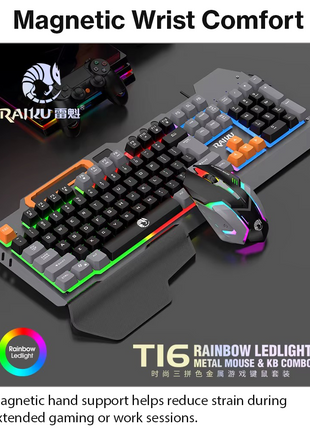 Rainbow LED Gaming Keyboard and Mouse Combo with Aluminum Metal Frame, Suspension Keycaps and Magnetic Wrist Support