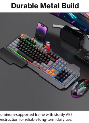 Rainbow LED Gaming Keyboard and Mouse Combo with Aluminum Metal Frame, Suspension Keycaps and Magnetic Wrist Support