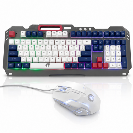 Rainbow LED Gaming Keyboard and Mouse Combo with Aluminum Metal Frame, Suspension Keycaps and Magnetic Wrist Support