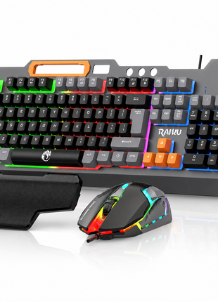 Rainbow LED Gaming Keyboard and Mouse Combo with Aluminum Metal Frame, Suspension Keycaps and Magnetic Wrist Support