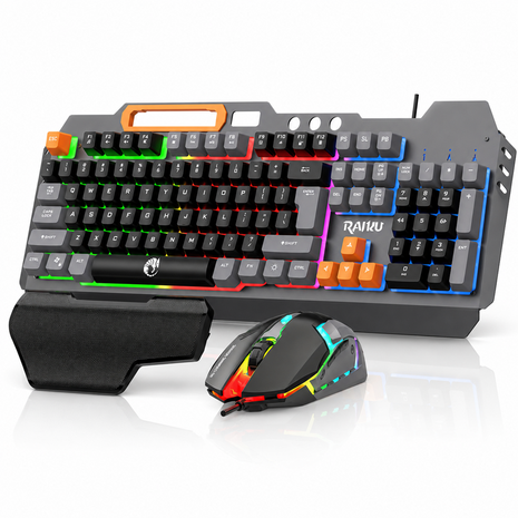 Rainbow LED Gaming Keyboard and Mouse Combo with Aluminum Metal Frame, Suspension Keycaps and Magnetic Wrist Support