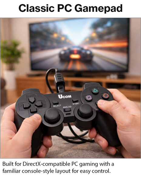 USB Wired Game Controller with Dual Vibration Motors, Plug & Play PC Gamepad, DirectX Support for Windows 98/2000/XP/Vista