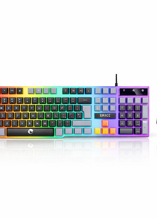Wired Keyboard and Mouse Combo, 104-Key USB Membrane Keyboard, Rainbow LED Backlit, 1600 DPI Mouse, Splash Resistant