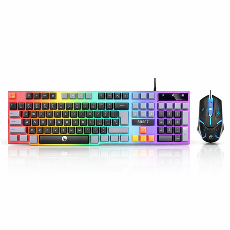 Wired Keyboard and Mouse Combo, 104-Key USB Membrane Keyboard, Rainbow LED Backlit, 1600 DPI Mouse, Splash Resistant