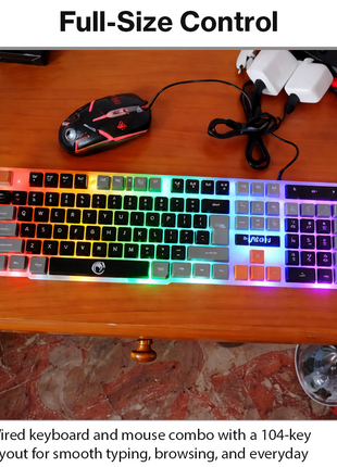 Wired Keyboard and Mouse Combo, 104-Key USB Membrane Keyboard, Rainbow LED Backlit, 1600 DPI Mouse, Splash Resistant
