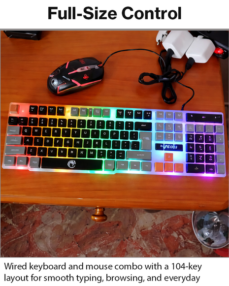 Wired Keyboard and Mouse Combo, 104-Key USB Membrane Keyboard, Rainbow LED Backlit, 1600 DPI Mouse, Splash Resistant