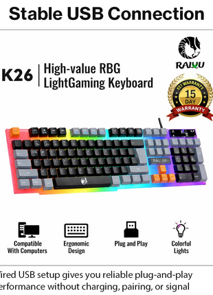 Wired Keyboard and Mouse Combo, 104-Key USB Membrane Keyboard, Rainbow LED Backlit, 1600 DPI Mouse, Splash Resistant