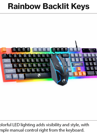 Wired Keyboard and Mouse Combo, 104-Key USB Membrane Keyboard, Rainbow LED Backlit, 1600 DPI Mouse, Splash Resistant