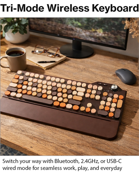 107-Key Wireless Keyboard Bluetooth 5.0 / 2.4G / USB-C Wired, Illuminated Backlight, Volume Dial, Magnetic Wrist Rest