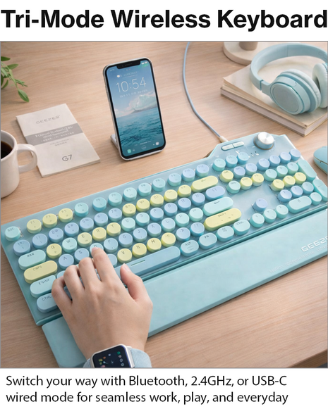 107-Key Wireless Keyboard Bluetooth 5.0 / 2.4G / USB-C Wired, Illuminated Backlight, Volume Dial, Magnetic Wrist Rest